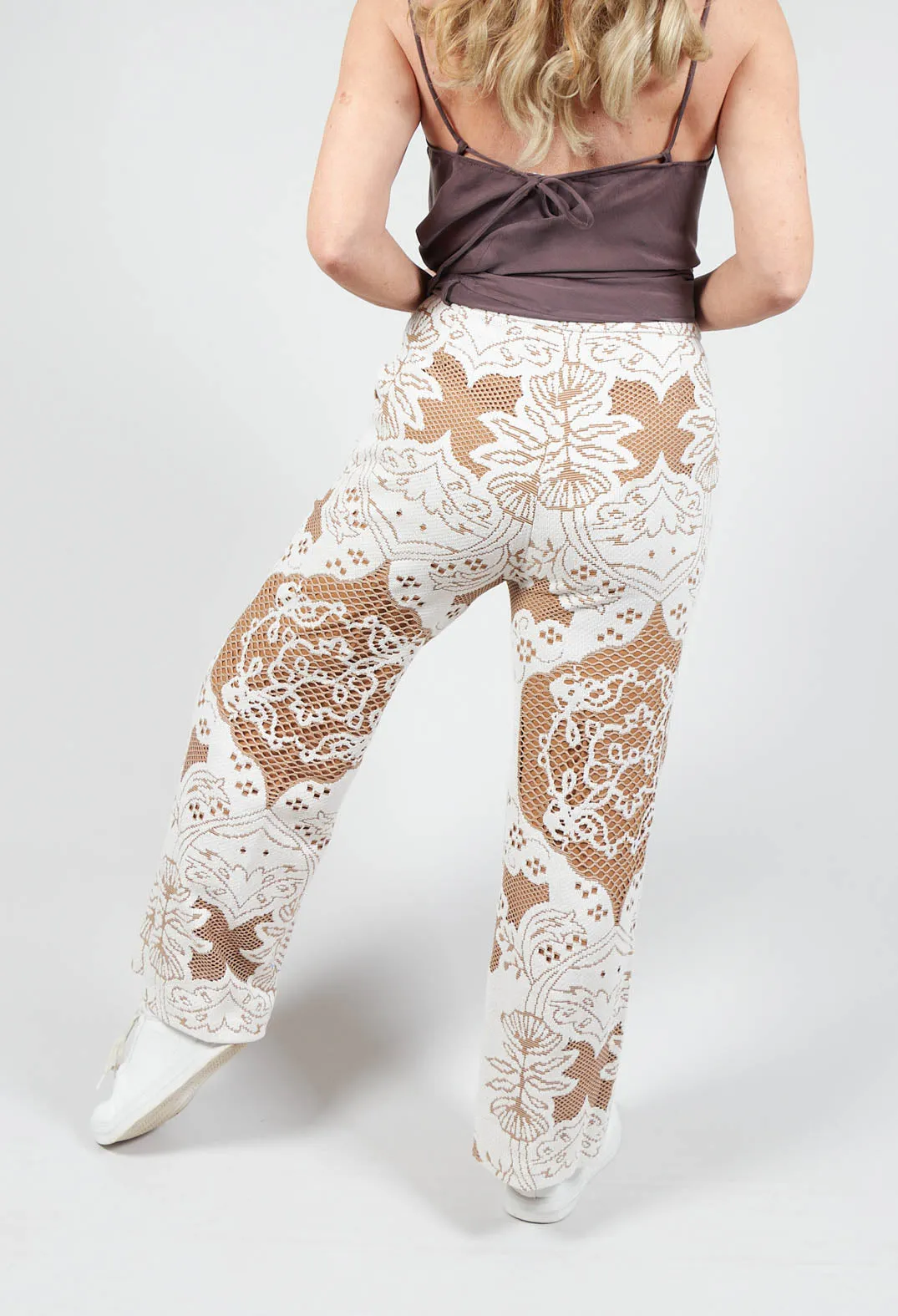 Straight Leg Trousers with Lace Detail in Tan Brown