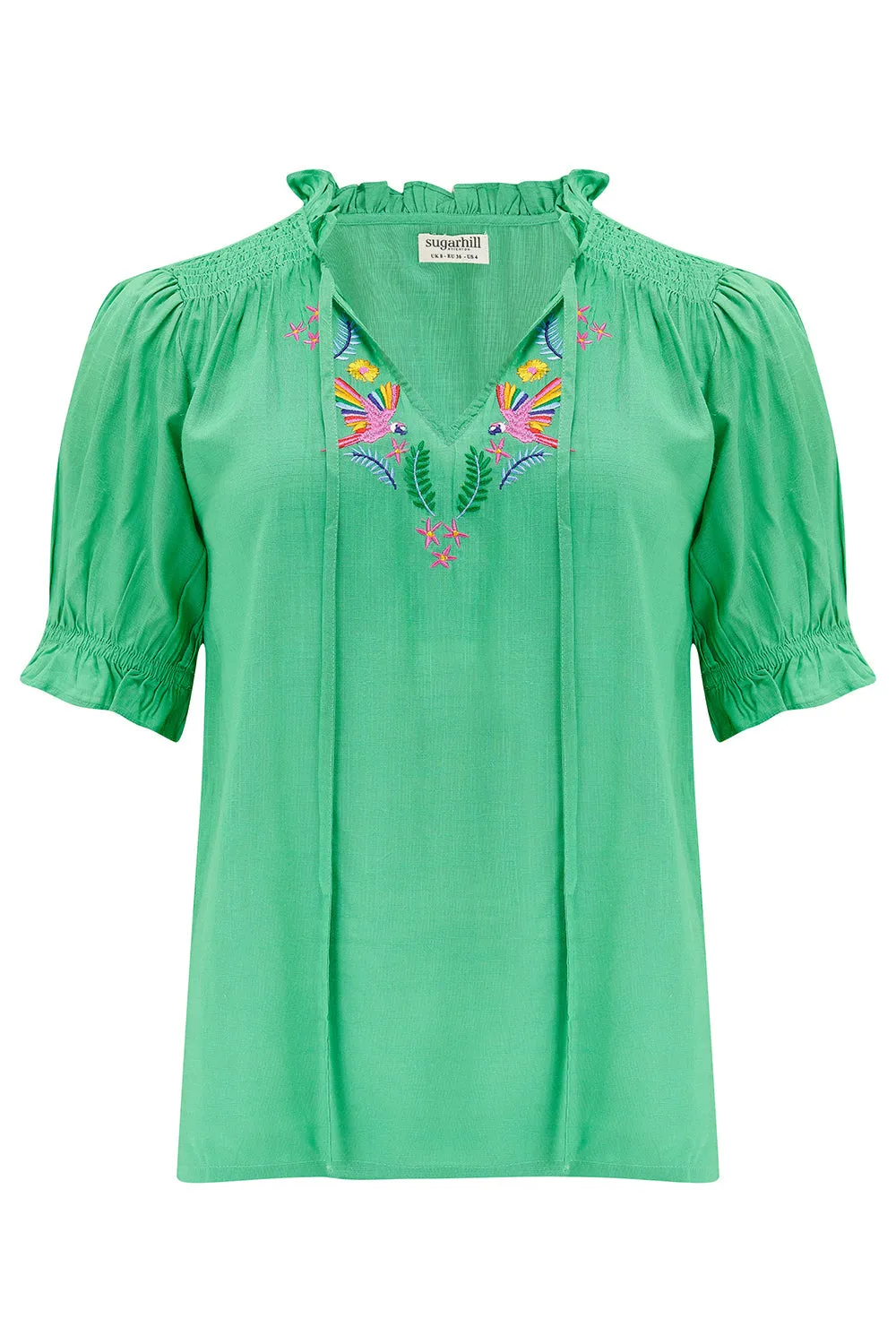 Sugarhill Brighton Angelique Green Rainbow Parrots Shirred Short Sleeved Top