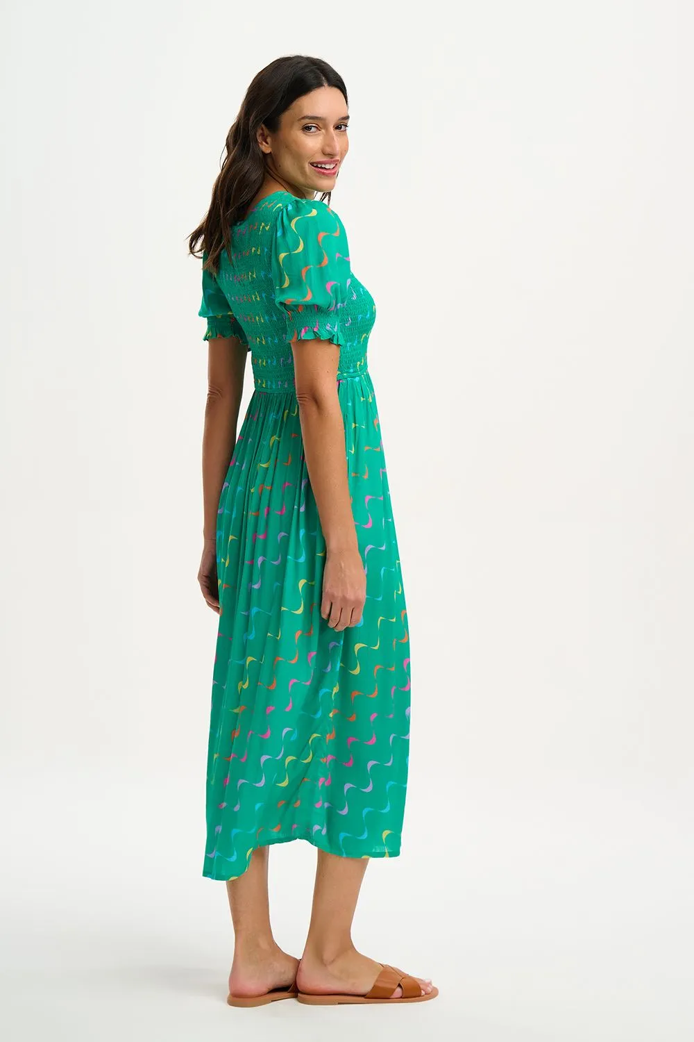 Sugarhill Brighton Rosita Green Undulating Waves Midi Shirred Dress