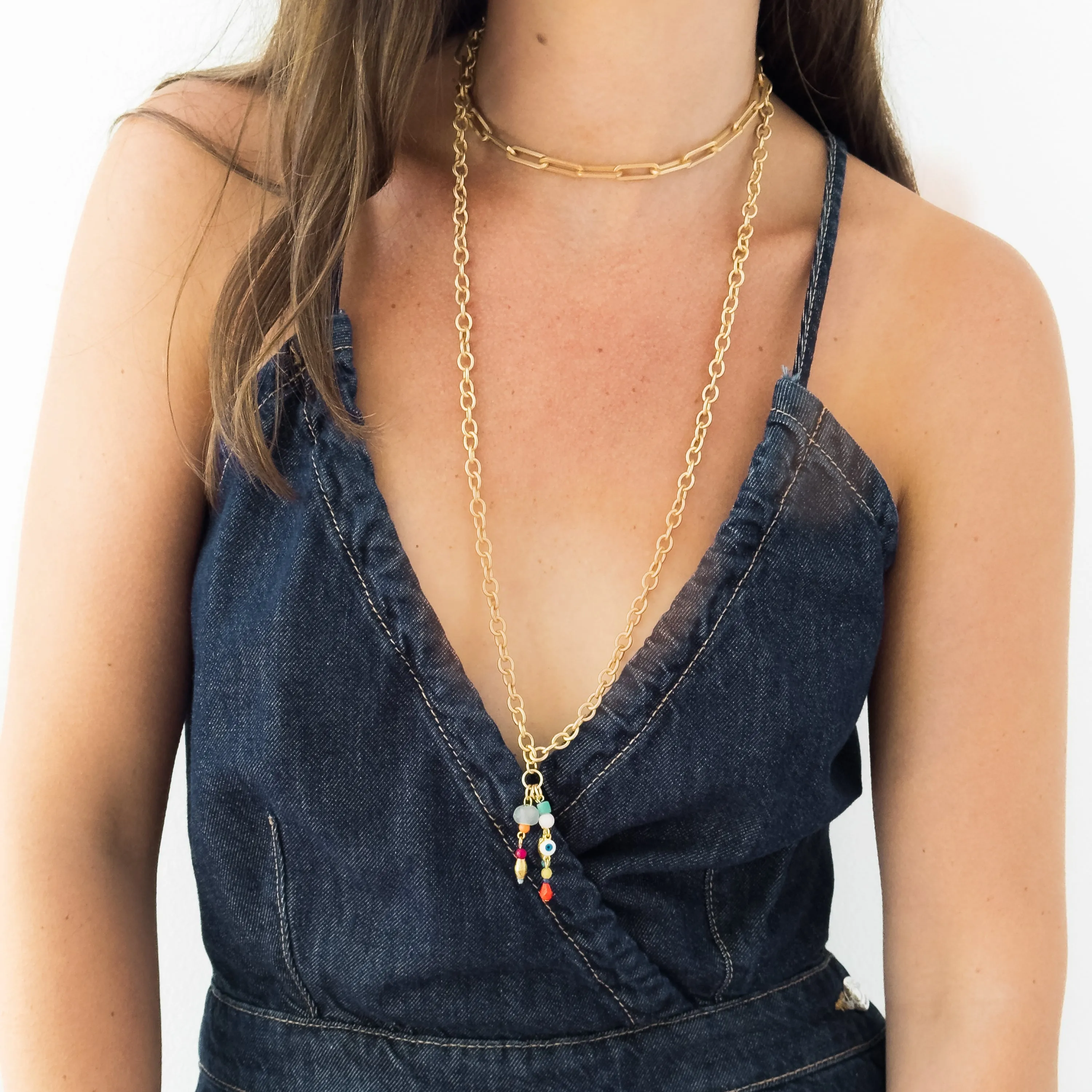 Thick gold beaded drop necklace