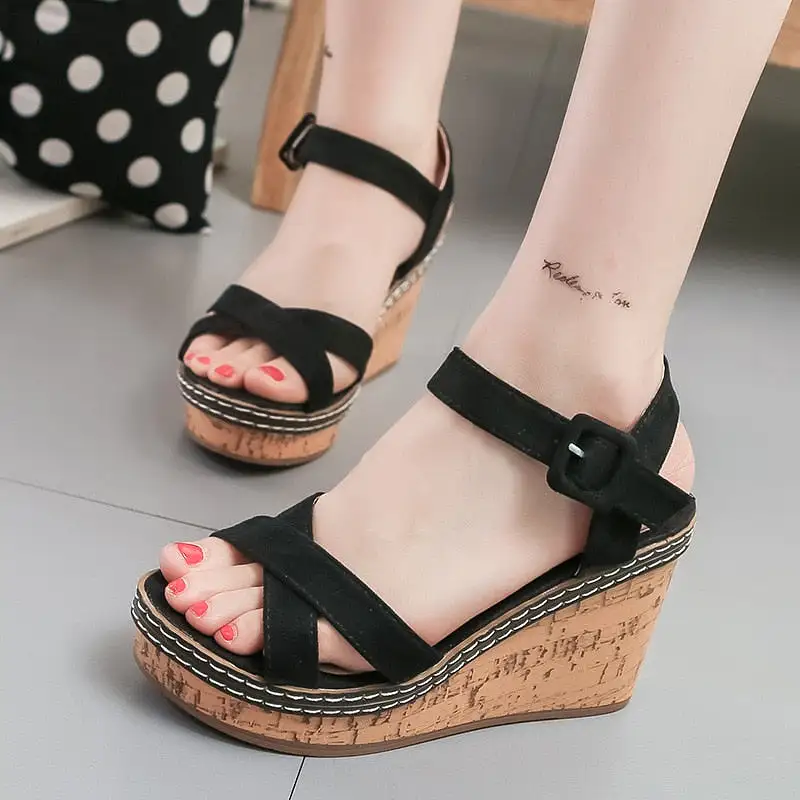 Wedge Sandals Peep Toe Buckle Shoes Woman Platform