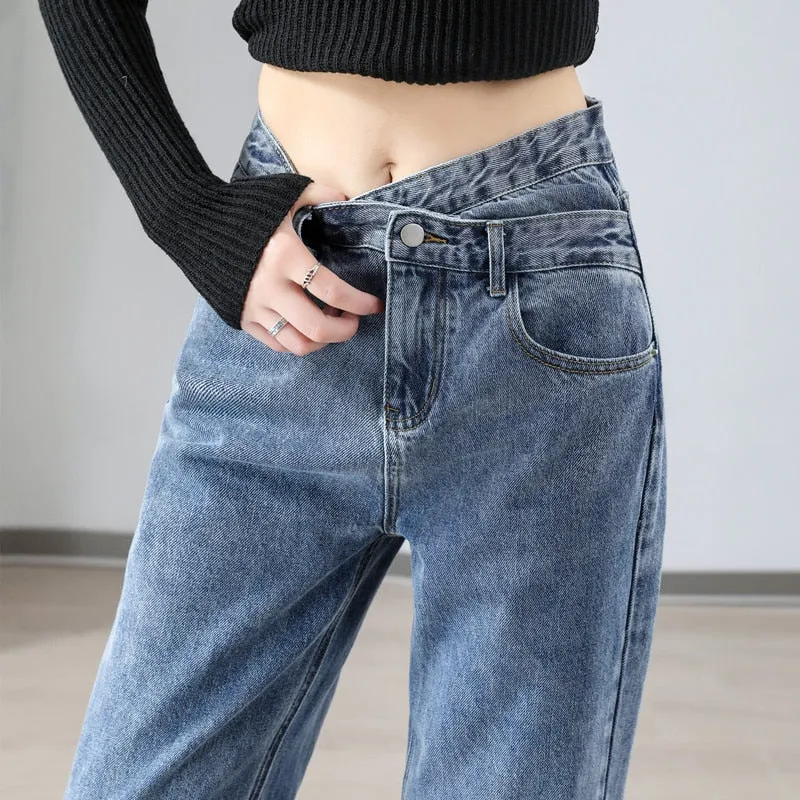 Women's Denim Korean Fashion High Waist Streetwear Straight Leg Trousers