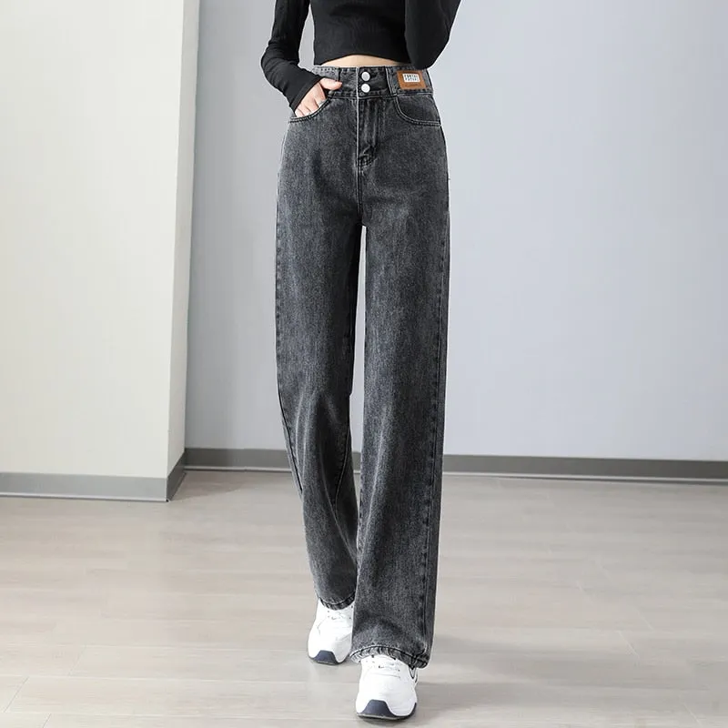 Women's Denim Korean Fashion High Waist Streetwear Straight Leg Trousers