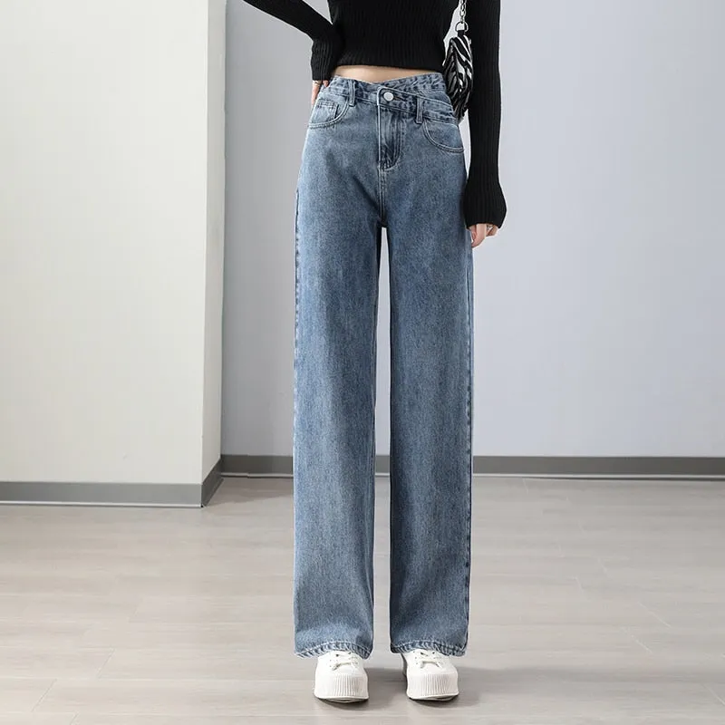 Women's Denim Korean Fashion High Waist Streetwear Straight Leg Trousers