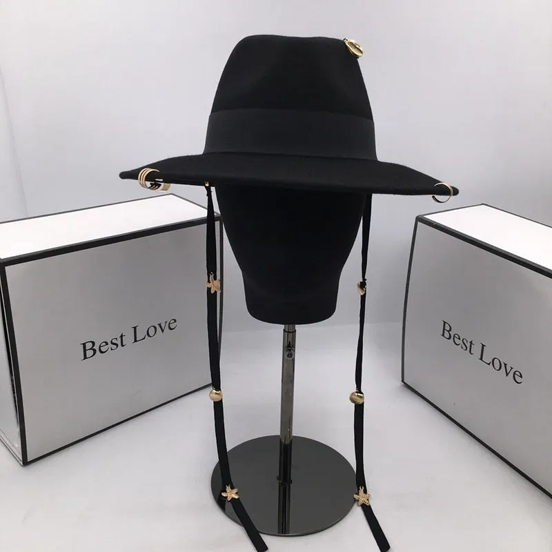 Women's Fashion Vintage Black Wool Hat with Lines Rings Fedoras