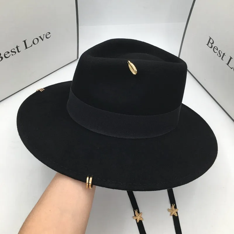 Women's Fashion Vintage Black Wool Hat with Lines Rings Fedoras