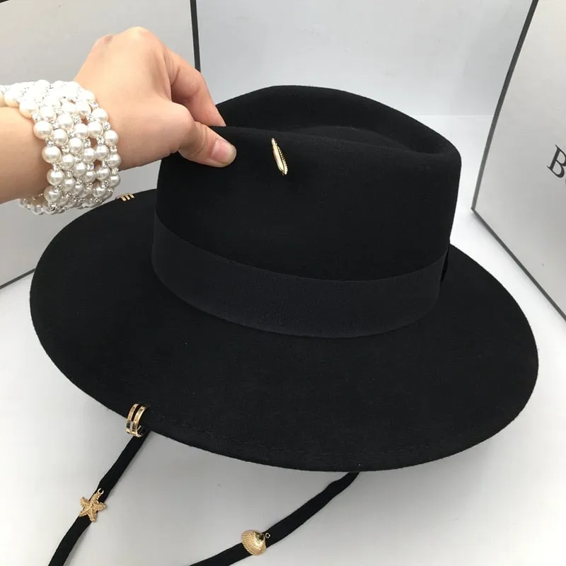 Women's Fashion Vintage Black Wool Hat with Lines Rings Fedoras