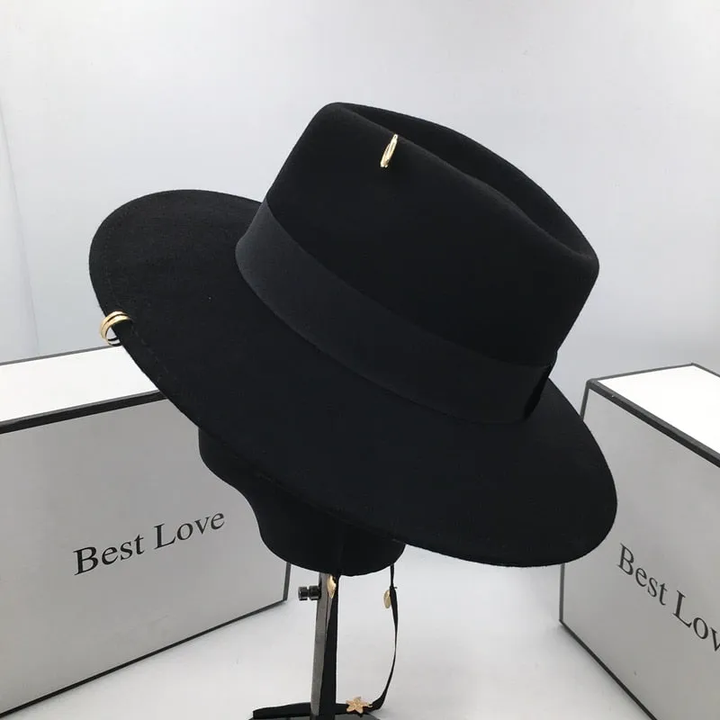 Women's Fashion Vintage Black Wool Hat with Lines Rings Fedoras