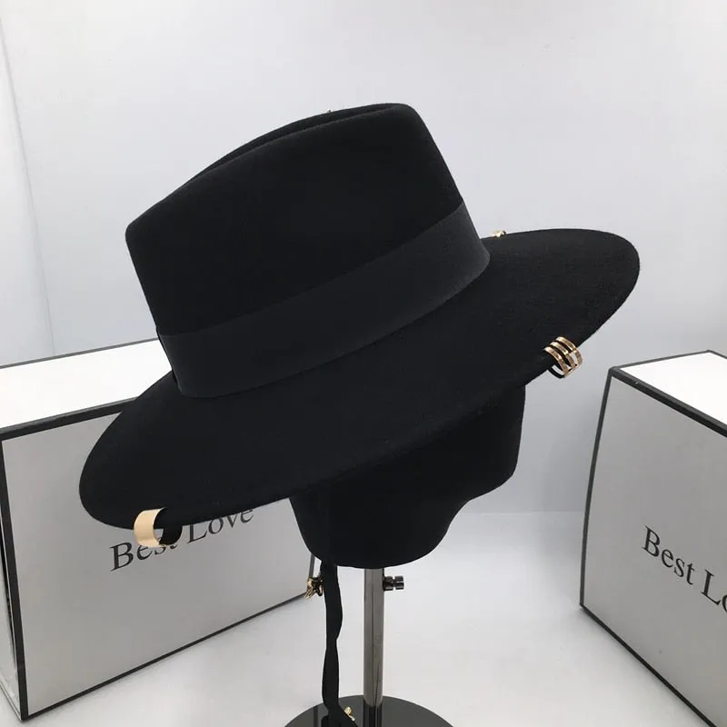 Women's Fashion Vintage Black Wool Hat with Lines Rings Fedoras