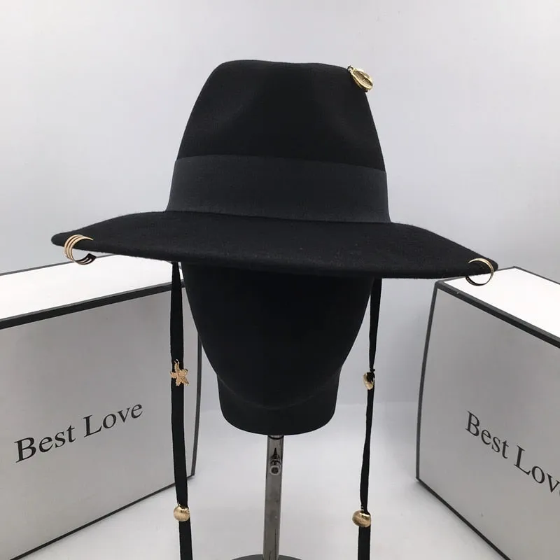 Women's Fashion Vintage Black Wool Hat with Lines Rings Fedoras