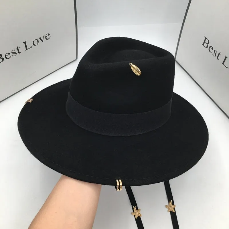 Women's Fashion Vintage Black Wool Hat with Lines Rings Fedoras