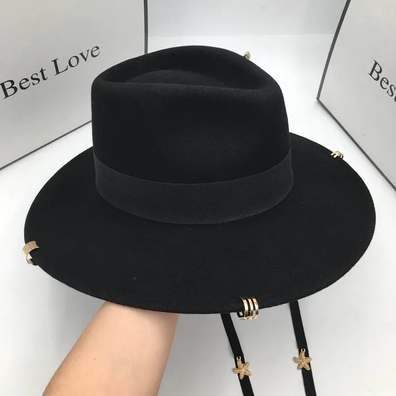 Women's Fashion Vintage Black Wool Hat with Lines Rings Fedoras