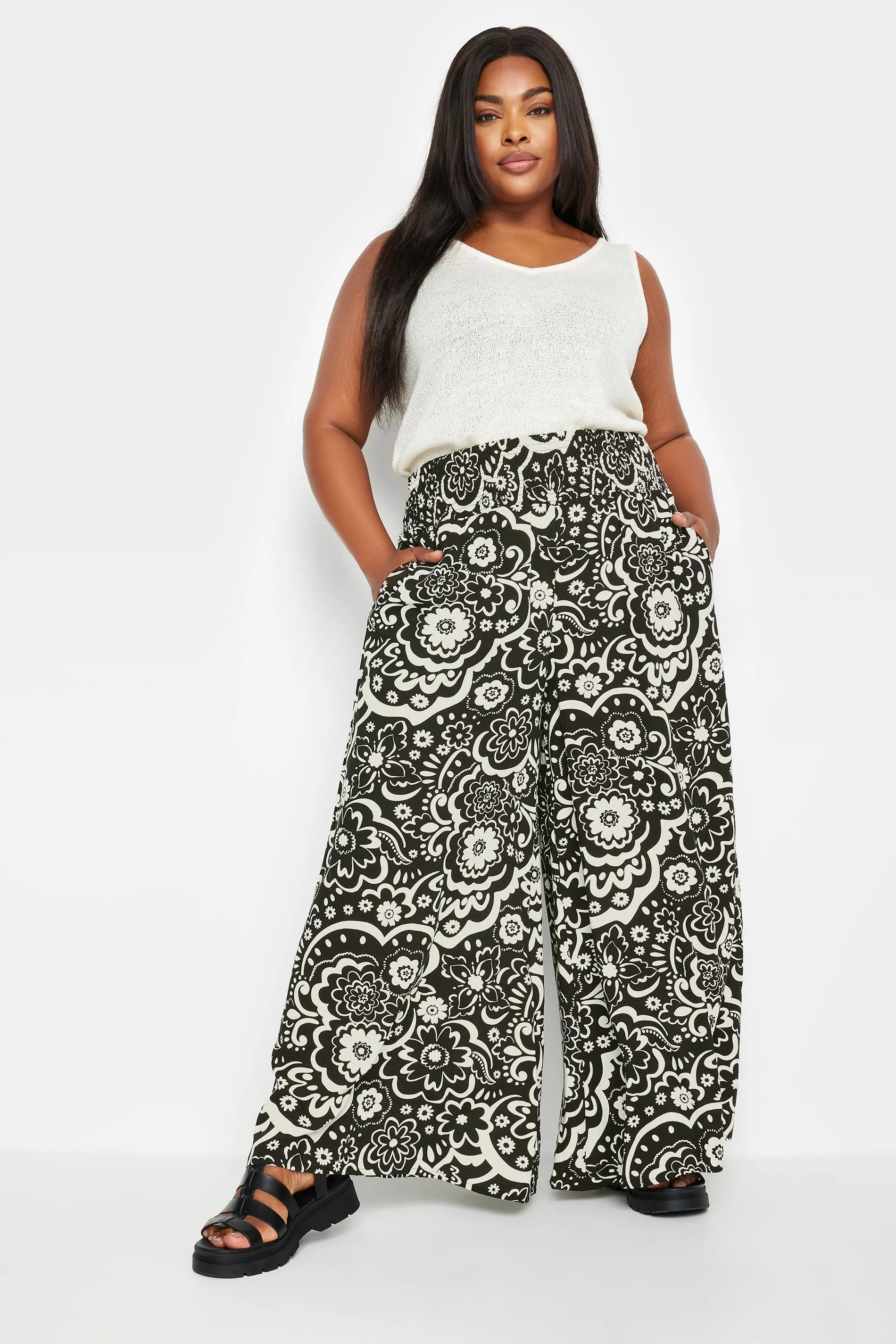 YOURS Curve Black Floral Print Shirred Wide Leg Trousers