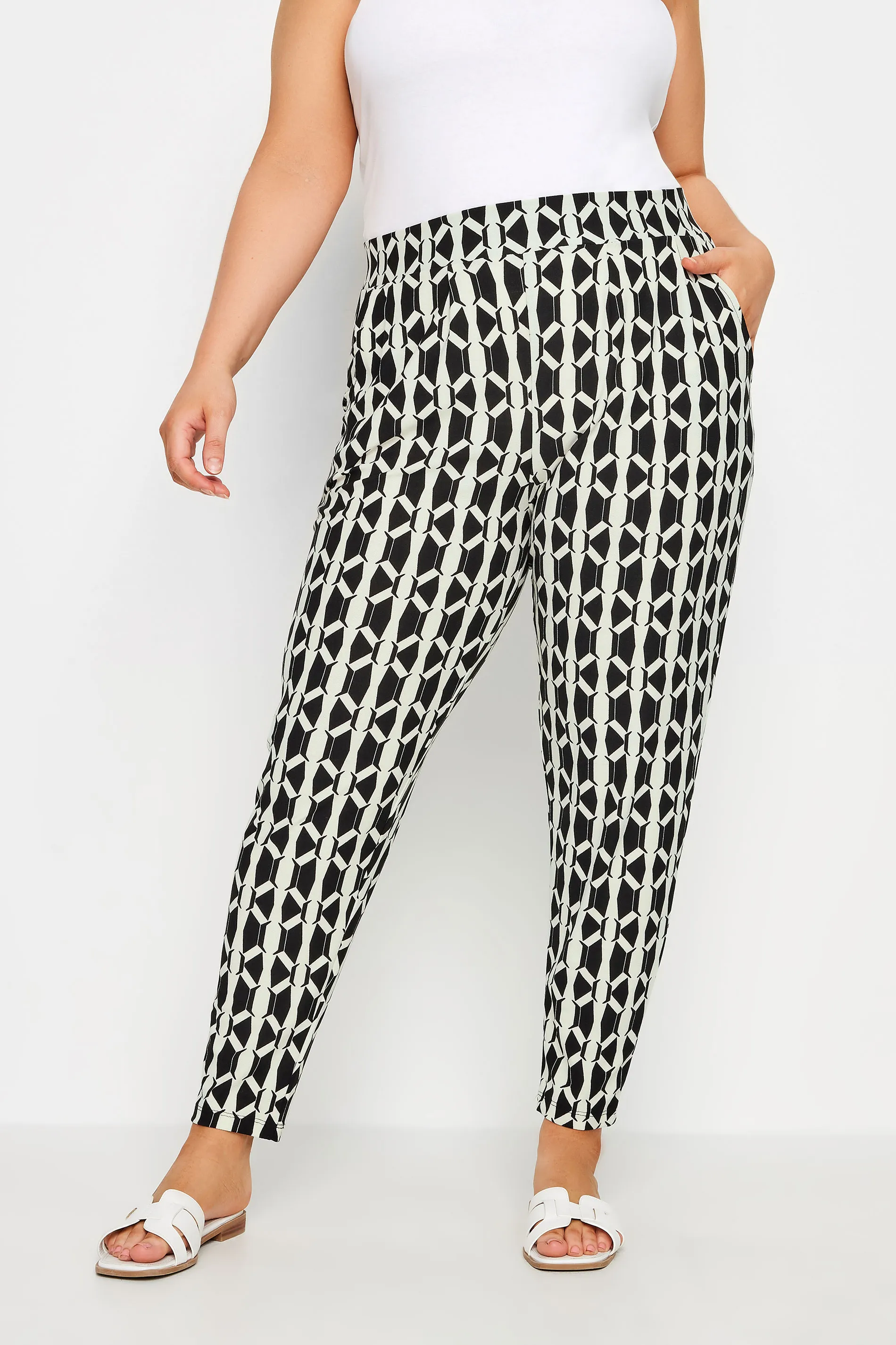 YOURS Curve Black Geometric Print Double Pleat Harem Trousers