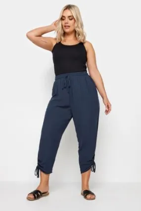 YOURS Curve Navy Blue Crinkle Ruched Cropped Trousers