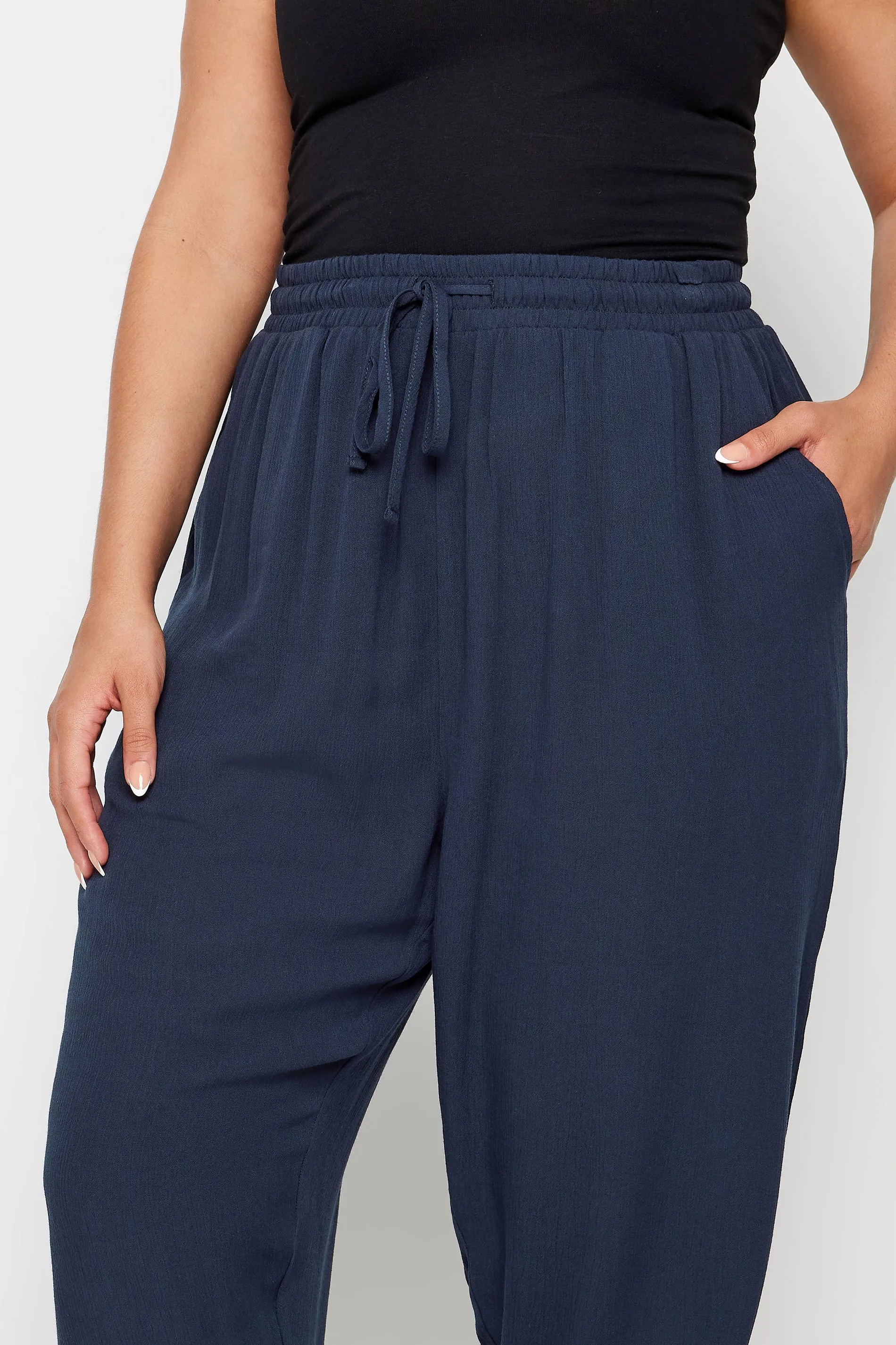 YOURS Curve Navy Blue Crinkle Ruched Cropped Trousers