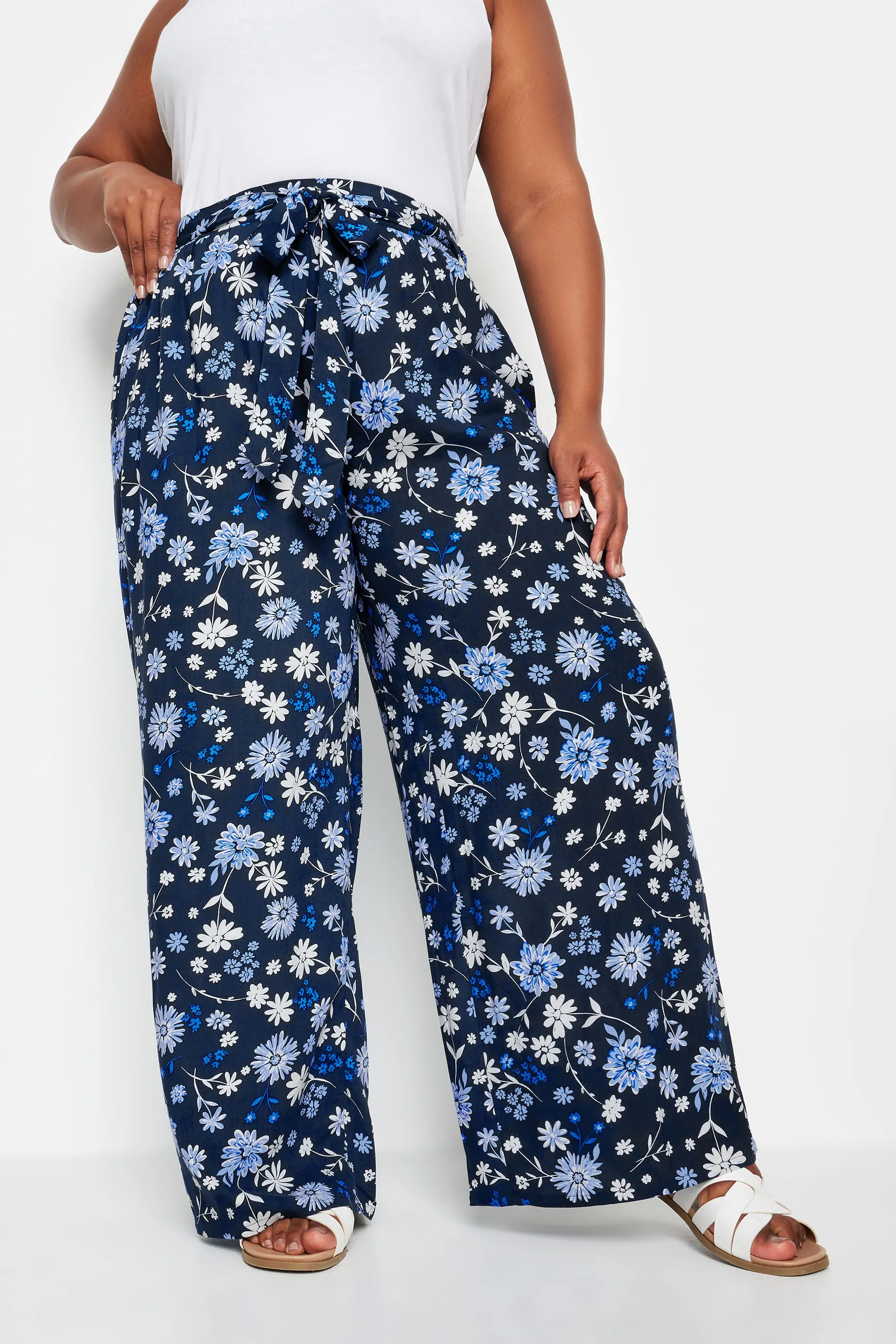 YOURS Curve Navy Blue Floral Print Wide Leg Trousers