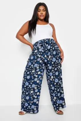 YOURS Curve Navy Blue Floral Print Wide Leg Trousers