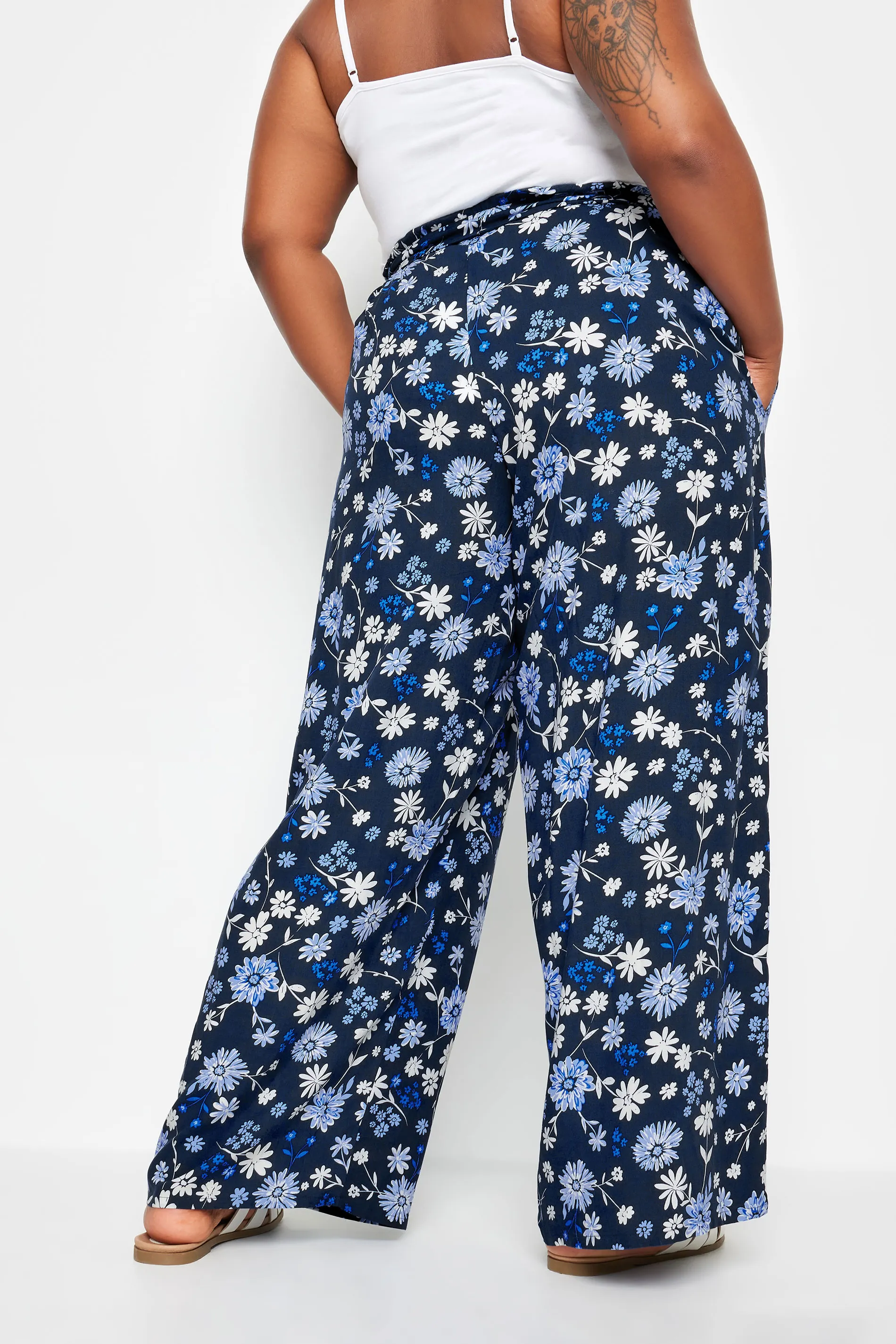 YOURS Curve Navy Blue Floral Print Wide Leg Trousers