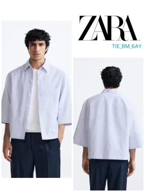 ZARA  |Stripes Cotton Short Sleeves Shirts